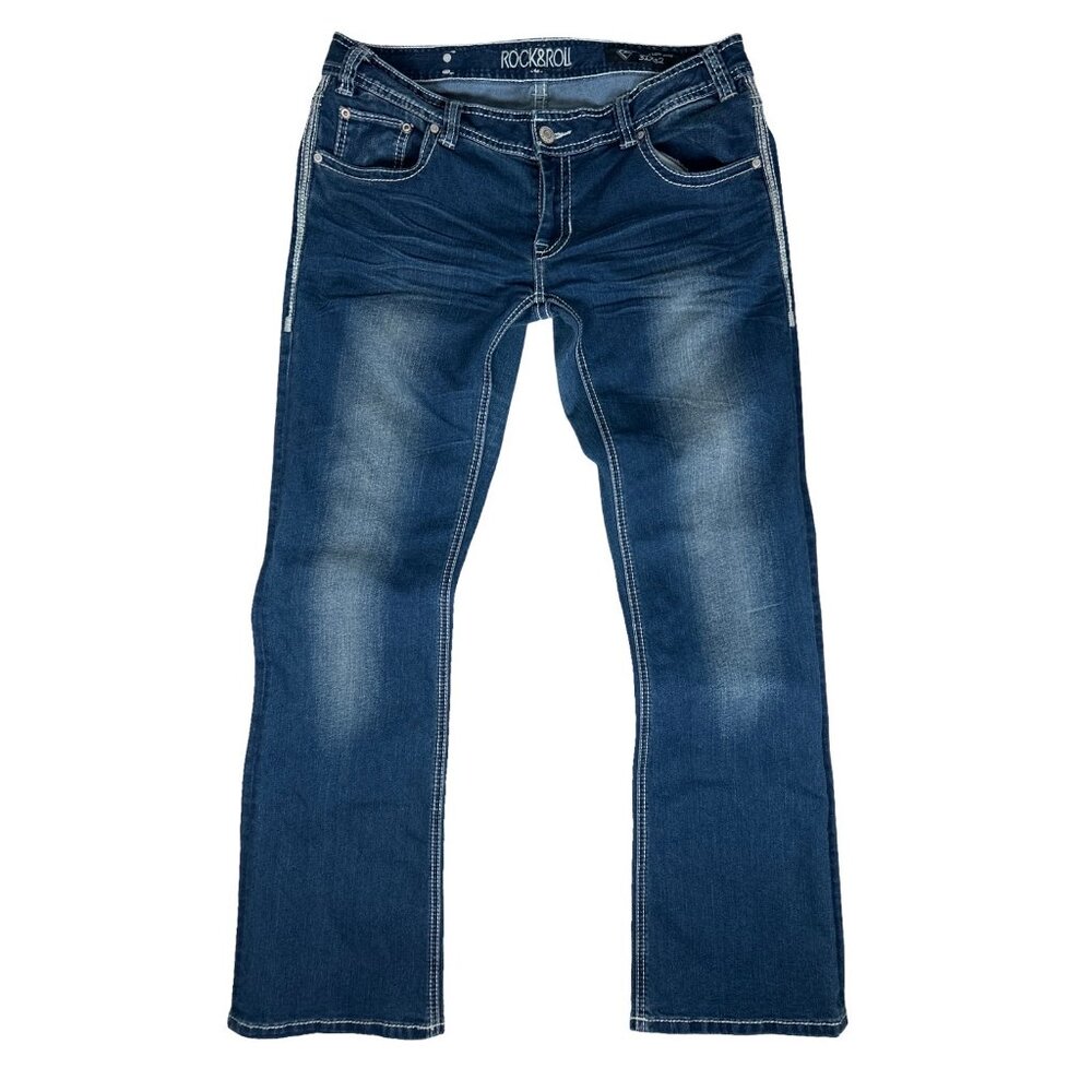 Rock & Roll Cowgirl Dark Wash Bootcut Jeans Western Rodeo Low Rise | 34 - Picture 3 of 13